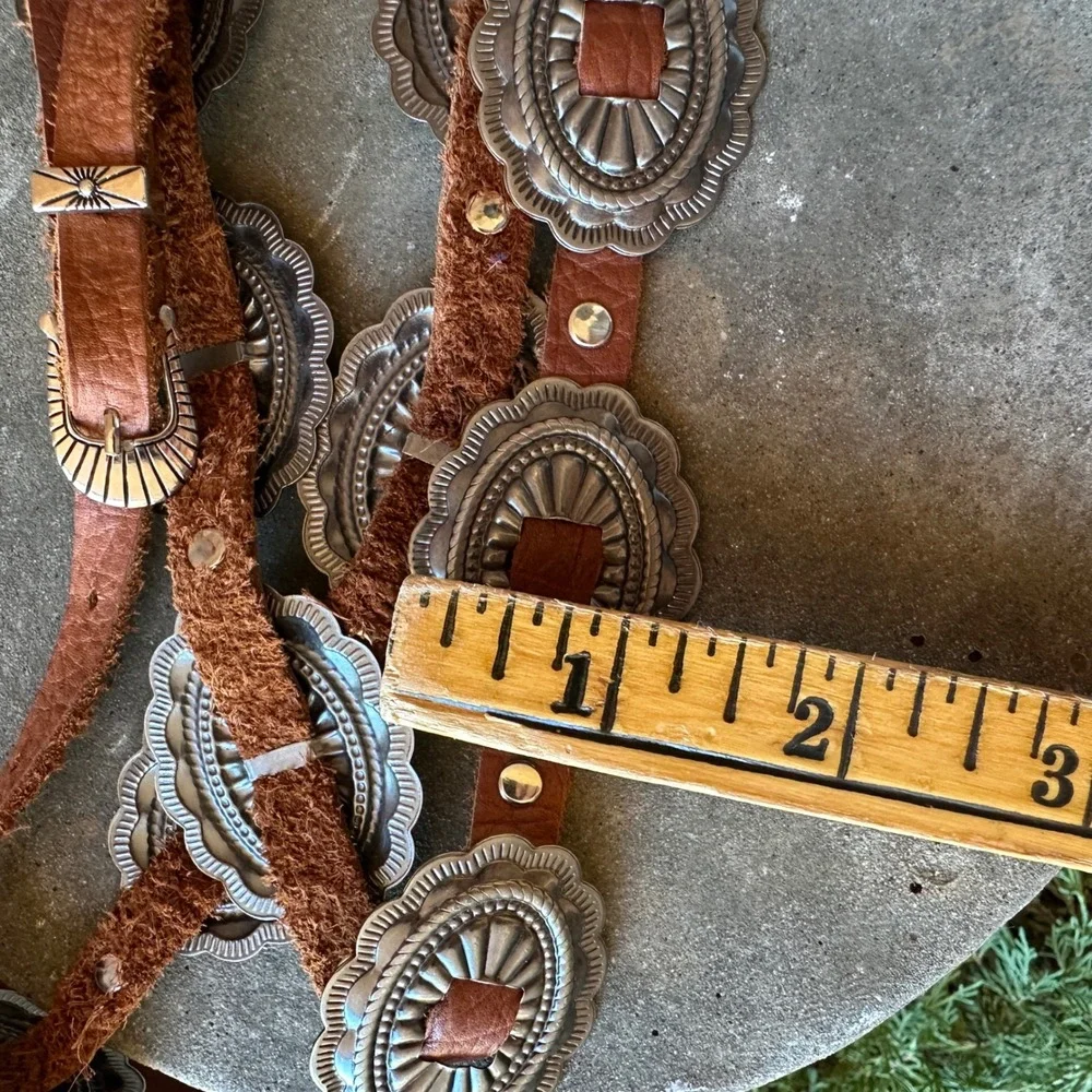 Vintage Style Brown Leather Concho Belt Silver Tone Western Southwestern Boho